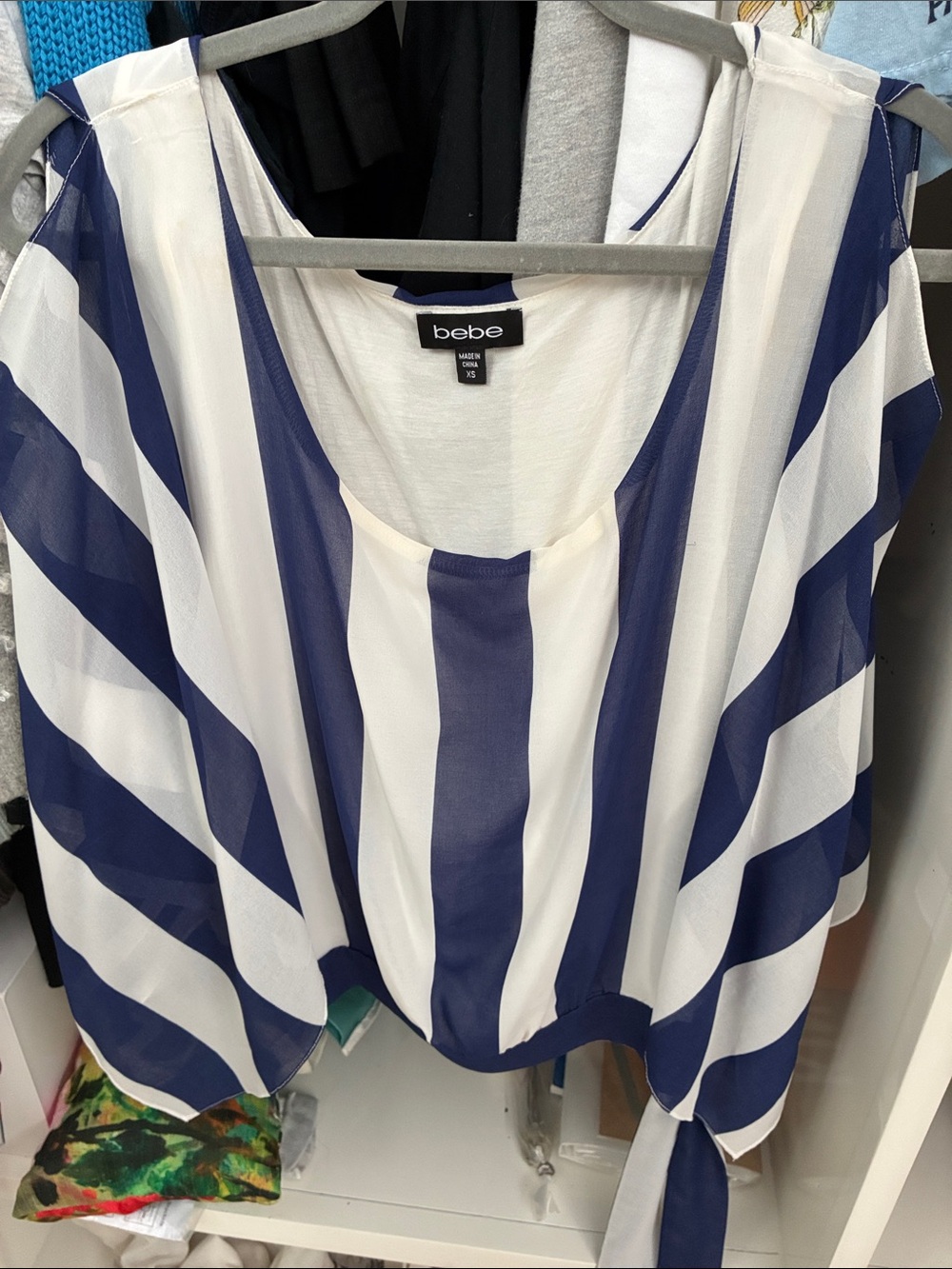 bebe Navy & White Vertical Stripe Sheer Blouse sz Small